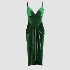 Cider Green Velvet Faux Wrap Corset Strappy Dress